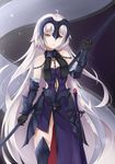  absurdres ahoge bare_shoulders breasts chain cleavage fate/grand_order fate_(series) headpiece highres jeanne_d'arc_(alter)_(fate) jeanne_d'arc_(fate)_(all) long_hair medium_breasts misaki159123 navel_cutout side_cutout solo standard_bearer sword thighs weapon white_hair yellow_eyes 