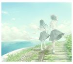  cloud day grass highres kakmxxxny06 multiple_girls original railroad_tracks rock shoes skirt sneakers water wide_shot yuri 