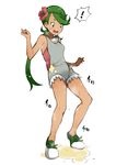  ! 1girl absurdres aliasing bare_shoulders blush blush_stickers breasts eyes_visible_through_hair flower full_body green_eyes green_hair green_shoes hair_flower hair_ornament hands_up headband jikatarou legs_apart long_hair looking_down mao_(pokemon) overalls peeing peeing_self pink_flower pink_shirt pokemon pokemon_(game) pokemon_sm puddle shirt shoes simple_background small_breasts solo standing steam surprised sweat text tied_hair translation_request wet_clothes white_background 