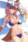  absurdres animal_ears asato_(fadeless) bikini blue_bikini blush bow bracelet breasts closed_mouth eyebrows_visible_through_hair fate/grand_order fate_(series) fox_ears fox_tail hat hat_bow highres jewelry long_hair looking_at_viewer medium_breasts navel necklace pink_hair side-tie_bikini simple_background smile solo striped striped_bow sun_hat swimsuit tail tamamo_(fate)_(all) tamamo_no_mae_(fate) tamamo_no_mae_(swimsuit_lancer)_(fate) white_background yellow_eyes 