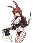  1girl animal_ears blush breasts brown_eyes brown_hair bunny_ears choker cleavage coat cropped_jacket ecru fishnet_pantyhose fishnets frilled_shirt hat long_hair long_sleeves rwby simple_background solo top_hat velvet_scarlatina white_gloves 
