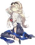  akira_(kadokawa) alternate_costume bag black_pants blonde_hair blue_eyes bra denim eyewear_on_head full_body high_heels jeans kantai_collection long_hair lowres mole mole_under_eye mole_under_mouth nail_polish official_art pants red_bra red_nails richelieu_(kantai_collection) solo sunglasses torn_clothes transparent_background underwear 