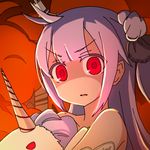  :o alternate_eye_color angry azur_lane carrying collarbone commentary detached_sleeves doll dress ears explosion hair_ornament horn long_hair looking_at_viewer netachou purple_hair red_eyes side_ponytail solo stuffed_alicorn stuffed_animal stuffed_toy unicorn_(azur_lane) v-shaped_eyebrows 