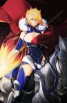  aqua_eyes armor artoria_pendragon_(all) artoria_pendragon_(lancer) blonde_hair blue_gloves blue_legwear breasts cape cleavage crown elbow_gloves fate/grand_order fate_(series) fur_trim gauntlets gloves hair_over_one_eye horse labombardier! large_breasts riding solo thighhighs 