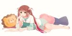 1girl :o asagumo_(kantai_collection) bangs bare_legs barefoot book brown_hair cushion green_eyes hair_ornament hand_on_own_chin highres kantai_collection lion long_hair long_sleeves lying open_mouth pajamas pillow ribbon shakemi_(sake_mgmgmg) shorts simple_background solo twintails white_background 
