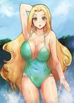 :o armpits blonde_hair blue_eyes breasts byte_(grunty-hag1) casual_one-piece_swimsuit covered_navel green_swimsuit large_breasts long_hair one-piece_swimsuit princess_pride rockman rockman_exe solo swimsuit very_long_hair 