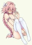  :d arm_garter astolfo_(fate) between_legs blush braid breastless_clothes collarbone commentary covering covering_crotch eyebrows_visible_through_hair eyes_visible_through_hair fang fate/apocrypha fate_(series) full_body hair_between_eyes hair_ribbon half-closed_eyes hand_between_legs highres long_hair looking_at_viewer male_focus nipples open_mouth otoko_no_ko panties pas_(paxiti) pink_eyes pink_hair ribbon simple_background single_braid smile solo thighhighs underwear v very_long_hair white_background white_legwear white_ribbon 