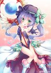  artist_request bare_shoulders between_legs blue_gloves blue_hair blue_leotard center_opening choker dengeki_hime feet_out_of_frame flat_chest gloves green_eyes hat houtou kneehighs knees_together_feet_apart koihime_musou leotard long_hair magical_girl navel open_mouth outstretched_hand showgirl_skirt solo staff strapless strapless_leotard thigh_gap twintails watermark weapon white_legwear 