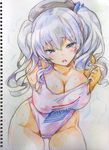  beret blush breasts cleavage covered_nipples hat highleg highres kantai_collection kashima_(kantai_collection) kiyama_satoshi large_breasts lawson looking_at_viewer open_mouth plastic_bag_swimsuit silver_eyes silver_hair solo sweat tears traditional_media twintails 