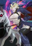  armor artoria_pendragon_(all) artoria_pendragon_(lancer_alter) bad_id bad_pixiv_id blonde_hair breasts commentary_request fate/grand_order fate_(series) highres horse horseback_riding large_breasts llamrei_(fate) navel riding short_hair underboob yellow_eyes yonezawa_mao 