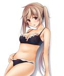  adapted_costume bad_id bad_pixiv_id bikini black_bikini blonde_hair blush breasts brown_eyes cleavage collarbone eyebrows_visible_through_hair haregama_shiina highres kantai_collection long_hair looking_at_viewer medium_breasts murasame_(kantai_collection) navel open_mouth shadow simple_background solo standing swimsuit twintails upper_body white_background 