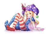  american_flag_dress american_flag_legwear blonde_hair clownpiece feet full_body hair_between_eyes hat holding jester_cap long_hair looking_at_viewer neck_ruff pantyhose pointy_ears polka_dot red_eyes simple_background sitting smile soles solo star star_print striped striped_legwear torch touhou white_background z.o.b 