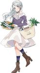  alternate_costume boots brown_footwear drew_(drew213g) fish full_body high_heel_boots high_heels kantai_collection long_hair long_sleeves official_art purple_eyes sagiri_(kantai_collection) silver_hair skirt smile solo torpedo transparent_background white_skirt 