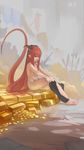  bangs banner barefoot closed_mouth dragon_girl dragon_horns dragon_tail dressing from_side gold gold_bar highres horns long_hair looking_down navel nude original paintrfiend red_eyes red_hair sharp_toenails sitting socks_removed solo tail toenail_polish toenails very_long_hair 