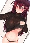  :p ass_visible_through_thighs bangs black_sweater blush breasts closed_mouth commentary cowboy_shot dutch_angle eyebrows_visible_through_hair fate/grand_order fate_(series) hair_between_eyes highres hplay indoors large_breasts lifted_by_self long_hair long_sleeves looking_at_viewer navel no_bra panties purple_hair purple_panties reaching_out red_eyes ribbed_sweater scathach_(fate)_(all) scathach_(fate/grand_order) self_shot shirt_lift smile solo standing sweater tongue tongue_out underboob underwear 