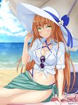  arm_support bangs beach beach_umbrella bikini bikini_under_clothes blush breasts brown_hair cleavage closed_mouth commentary day flower front-tie_top girls_frontline green_eyes hat hat_flower large_breasts long_hair looking_at_viewer m1903_springfield_(girls_frontline) navel o-ring o-ring_bikini outdoors sarong shirt sitting sleeves_rolled_up smile solo stomach sun_hat sunglasses swimsuit tied_shirt umbrella unel white_hat white_shirt 