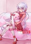  artist_name blush dated dress hair_between_eyes happy_birthday high_heels long_hair looking_at_viewer mishido_sun no_ahoge purple_eyes purple_hair red_dress red_eyes red_footwear senki_zesshou_symphogear shoes sitting solo stuffed_animal stuffed_bunny stuffed_toy thighhighs twintails very_long_hair white_legwear yukine_chris 