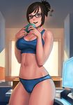  :d backlighting bangs bare_arms bare_shoulders bikini black-framed_eyewear blue_bikini blush breasts brown_eyes cameltoe cleavage coffee_mug computer cowboy_shot cup glasses hair_ornament hair_stick highres holding holding_cup indoors large_breasts lasterk looking_at_viewer mei_(overwatch) mug navel open_mouth overwatch round_teeth short_hair smile solo standing stomach swept_bangs swimsuit table teeth window 