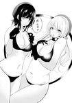  atago_(kantai_collection) beret bikini black_bikini black_collar black_gloves blush breasts closed_mouth endou_(zettai_bluenoid) eyebrows_visible_through_hair gloves greyscale hat highres kantai_collection large_breasts lips long_hair looking_at_viewer meat_day monochrome multiple_girls navel open_mouth plump short_hair skindentation smile speech_bubble swimsuit takao_(kantai_collection) translated 