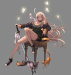  absurdres bangs black_footwear breasts bug butterfly cat chair cleavage closed_mouth converse floating_hair grey_background grey_hair gym_shorts hair_between_eyes highres holding holding_sword holding_weapon insect jacket katana knee_up long_hair looking_at_viewer medium_breasts open_clothes open_jacket original planted_sword planted_weapon qbspdl red_eyes shoes shorts simple_background sitting sneakers solo strap_slip sword tank_top tsurime very_long_hair weapon 