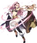  armpits bangs bare_shoulders black_legwear braid breasts bridal_gauntlets cozy fan fire_emblem fire_emblem:_kakusei fire_emblem_heroes full_body hairband high_ponytail highres holding leg_up long_hair looking_away medium_breasts navel official_art olivia_(fire_emblem) open_mouth pink_eyes pink_hair ponytail sandals see-through side_braid smile solo swept_bangs transparent_background twin_braids 