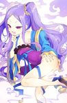  armpits ass bare_shoulders bow chinese_clothes dress dress_lift fang fate/grand_order fate_(series) hand_on_own_face hanfu highres kirie_nozomi leg_lift legs long_hair long_sleeves naughty_face no_panties off_shoulder open_mouth pelvic_curtain purple_dress purple_eyes purple_hair sash scrunchie shawl shoes smile solo twintails very_long_hair wide_sleeves wu_zetian_(fate/grand_order) yellow_scrunchie 