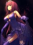  alternate_costume black_background breasts commentary_request covered_nipples dress elbow_gloves fate/grand_order fate_(series) flower gloves hair_between_breasts hair_flower hair_ornament heroic_spirit_formal_dress highres kawanakajima large_breasts long_hair looking_at_viewer looking_down purple_background purple_dress purple_gloves purple_hair red_eyes scathach_(fate)_(all) scathach_(fate/grand_order) see-through skirt_hold smile solo thighhighs tiara very_long_hair 