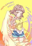  angel_wings artist_name brown_eyes brown_hair clenched_hand dated hair_ornament hairclip happy_birthday looking_at_viewer mishido_sun outstretched_hand senki_zesshou_symphogear short_hair short_shorts shorts single_wing smile tachibana_hibiki_(symphogear) wings 