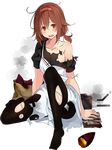  alternate_costume apron black_legwear breasts brown_eyes brown_hair collarbone full_body hair_flaps hairband kantai_collection kujou_ichiso long_skirt medium_breasts official_art open_mouth potato red_hairband shiratsuyu_(kantai_collection) short_hair skirt smoke torn_clothes transparent_background turret twintails 