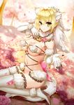  alternate_color animal_ears arm_up bangs blonde_hair blurry boots breasts bridal_veil chain commentary cosplay dangerous_beast day depth_of_field eyebrows_visible_through_hair fate/extra fate/extra_ccc fate/grand_order fate_(series) fur_trim hair_between_eyes hair_intakes hand_up highres lace lace-trimmed_thighhighs lock mallizmora mash_kyrielight mash_kyrielight_(cosplay) medium_breasts nero_claudius_(bride)_(fate) nero_claudius_(fate)_(all) outdoors seiza sidelocks sitting solo tail thigh_boots thighhighs tsurime veil white_legwear wolf_ears wolf_tail 