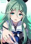  artist_name blue_neckwear blush commentary_request dated green_eyes green_hair hair_between_eyes hair_ornament hair_ribbon hairclip highres kamelie kantai_collection long_hair looking_at_viewer neckerchief open_mouth ribbon school_uniform serafuku solo yamakaze_(kantai_collection) 