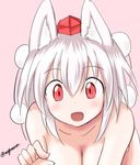  animal_ears artist_name breasts fang hair_between_eyes hat inubashiri_momiji large_breasts nude red_eyes signature simple_background solo taurine_8000mg tokin_hat touhou twitter_username white_hair wolf_ears 