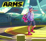  arms_(game) blue_eyes blue_hair boxing_gloves casual closed_mouth commentary_request hands_in_pockets highres hood hoodie ishikawa_masaaki logo male_focus official_art pompadour shoes shorts smile sneakers solo spring_man_(arms) stadium sunrise toaster_(arms) 