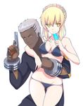  &gt;:( &gt;:) 1girl absurdres arm_around_neck artoria_pendragon_(all) artoria_pendragon_(swimsuit_rider_alter) ass_visible_through_thighs bangs bare_arms bare_shoulders bikini black_bikini blonde_hair bracelet breasts cleavage closed_mouth cowboy_shot dark_skin dark_skinned_male emiya_alter expressionless fate/grand_order fate_(series) food frills frown gun half-closed_eyes handgun highres holding holding_food holding_gun holding_weapon hug jewelry kuso_otoko long_sleeves looking_at_viewer maid_bikini maid_headdress medium_breasts pistol popsicle saber_alter short_hair silver_hair simple_background smile standing swimsuit thigh_gap thigh_strap trigger_discipline tsurime v-shaped_eyebrows weapon white_background yellow_eyes 