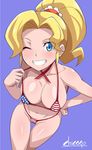  1girl american_flag_bikini bikini blonde_hair blue_eyes blush breasts cameltoe chicago-x collarbone digimon digimon_universe:_appli_monsters erect_nipples female kibayashi_erena large_breasts lips long_hair looking_at_viewer ponytail shiny shiny_skin smile solo wink 