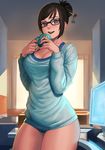  :d backlighting bangs bikini bikini_under_clothes black-framed_eyewear blue_bikini blue_sweater blush breasts brown_eyes cameltoe cleavage coffee_mug computer cowboy_shot cup glasses hair_ornament hair_stick highres holding holding_cup indoors large_breasts lasterk long_sleeves looking_at_viewer mei_(overwatch) mug no_pants open_mouth overwatch round_teeth short_hair smile solo standing sweater swept_bangs swimsuit table teeth window 