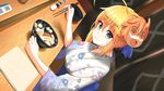  ahoge artoria_pendragon_(all) blonde_hair blush bowl breasts chopsticks closed_mouth commentary_request damao_yu dutch_angle eating eyebrows_visible_through_hair fate/grand_order fate/stay_night fate_(series) floral_print food food_on_face food_request fujimaru_ritsuka_(female) green_eyes hair_bun highres holding holding_chopsticks japanese_clothes kimono looking_at_viewer mask mask_on_head md5_mismatch medium_breasts nabe napkin pepper_shaker riyo_(lyomsnpmp)_(style) saber salt_shaker shiny shiny_hair sitting solo wide_sleeves 