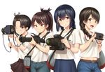  :d ayanami_(kantai_collection) bag black_hair bracelet braid breasts brown_hair camera casual closed_mouth contemporary crop_top denim grin hair_over_shoulder hair_ribbon ichikawa_feesu isonami_(kantai_collection) jeans jewelry kantai_collection long_hair looking_at_viewer midriff multiple_girls navel one_eye_closed open_mouth pants ribbon shikinami_(kantai_collection) shirt shoulder_bag side_ponytail simple_background single_braid skirt small_breasts smile sweatdrop t-shirt twin_braids uranami_(kantai_collection) white_background yellow_eyes 