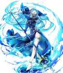  aqua_(fire_emblem_if) asymmetrical_legwear axe bangs bare_shoulders barefoot breasts closed_eyes dress fingerless_gloves fire_emblem fire_emblem_heroes fire_emblem_if full_body gloves highres holding holding_weapon kaya8 leg_up medium_breasts official_art open_mouth polearm poleaxe see-through skirt solo thigh_strap transparent_background veil weapon 