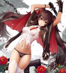  1girl :o arms_up bangs black_cape black_gloves black_panties blush bow breasts brown_eyes brown_hair cape chains commentary_request dutch_angle erect_nipples eyebrows_visible_through_hair fingerless_gloves flower girls_frontline gloves hair_bow hiyashiru holding holding_knife knife long_hair looking_at_viewer medium_breasts mismatched_gloves navel necktie open_mouth panties qbz-97 qbz-97_(girls_frontline) red_bow red_flower red_neckwear shirt skindentation skirt solo standing stomach thigh_gap thighhighs torn_cape torn_clothes torn_legwear torn_skirt twintails underwear very_long_hair white_legwear white_shirt wristband 