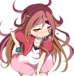  :p bent_over blush brown_eyes brown_hair dress facial_tattoo hand_on_hip heart heart_pendant highres jewelry kagami_tina long_hair looking_at_viewer mushiking naughty_face pendant shin_kouchuu_ouja_mushiking simple_background solo tattoo tongue tongue_out two_side_up watarui white_background 
