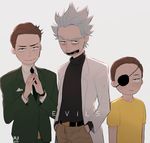  bags_under_eyes belt brown_hair dated eyepatch formal grey_background grey_hair jerry_smith judy-kim-jump labcoat morty_smith multiple_boys necktie one_eye_covered rick_and_morty rick_sanchez shirt signature simple_background smile spoilers suit turtleneck unibrow yellow_shirt 