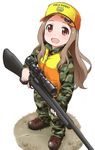  aoba_kokona blush brown_hair commentary_request gun hair_ornament hairclip hat holding holding_weapon hunting long_hair open_mouth smile solo weapon yama_no_susume youkan 