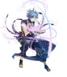  beamed_eighth_notes blue_hair book circlet eighth_note fire_emblem fire_emblem_heroes fire_emblem_if full_body highres jewelry male_focus musical_note necklace official_art open_mouth petals quarter_note sandals shigure_(fire_emblem_if) solo staff_(music) teeth transparent_background yellow_eyes yura_(ub4u) 