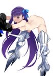  armored_boots ass bandaid bandaids_on_nipples bent_over blue_eyes blue_ribbon boots breasts fate/extra fate/extra_ccc fate/grand_order fate_(series) hair_ribbon jirusu long_hair medium_breasts meltlilith nude pasties purple_hair ribbon simple_background solo very_long_hair white_background 