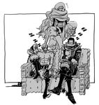  1girl 2boys armor artist_request bare_legs black_hair breasts brother_and_sister brothers charlotte_cracker charlotte_katakuri charlotte_smoothie curvy female leotard long_hair monochrome multiple_boys muscle one_piece short_hair siblings sitting sleeping solo tattoo together walking 