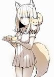  :o animal animal_ears animal_on_shoulder bangs cowboy_shot eyebrows_visible_through_hair food fox fox_ears fox_girl fox_tail hands_up holding holding_plate legs_together long_hair looking_at_viewer monochrome open_mouth original plate pleated_skirt sailor_collar school_uniform serafuku short_sleeves sidelocks simple_background skirt suzumori_uina tail thighs tofu 