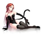  arm_support black_footwear black_gloves black_legwear cat_tail choker collarbone elbow_gloves gloves high_heels highres idolmaster idolmaster_cinderella_girls idolmaster_cinderella_girls_starlight_stage leather leather_gloves leotard lingerie long_hair lying null_(chronix) on_side parted_lips red_hair removing_shoes shoes solo strapless strapless_leotard tail thighhighs underwear very_long_hair yellow_eyes zaizen_tokiko 