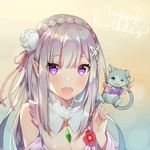  :3 :d ayamy bangs braid breasts character_name cleavage commentary_request crown_braid detached_collar detached_sleeves emilia_(re:zero) eyebrows_visible_through_hair flower gem hair_flower hair_ornament hair_ribbon hand_up happy_birthday heart highres index_finger_raised long_hair looking_at_viewer medium_breasts open_mouth pennant pink_ribbon pointy_ears puck_(re:zero) purple_eyes re:zero_kara_hajimeru_isekai_seikatsu ribbon round_teeth silver_hair smile solo_focus teeth upper_body white_flower 