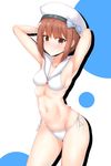  absurdres arms_behind_head bikini breasts brown_eyes brown_hair clothes_writing contrapposto cowboy_shot hat highres kantai_collection kirikan sailor_bikini sailor_collar sailor_hat short_hair side-tie_bikini small_breasts solo standing swimsuit white_bikini white_hat white_sailor_collar z3_max_schultz_(kantai_collection) 